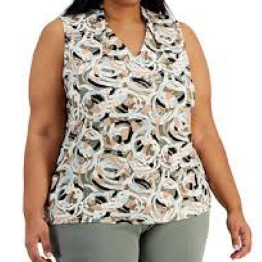 Kasper Sleeveless Abstract Blouse - Black, White, Tan